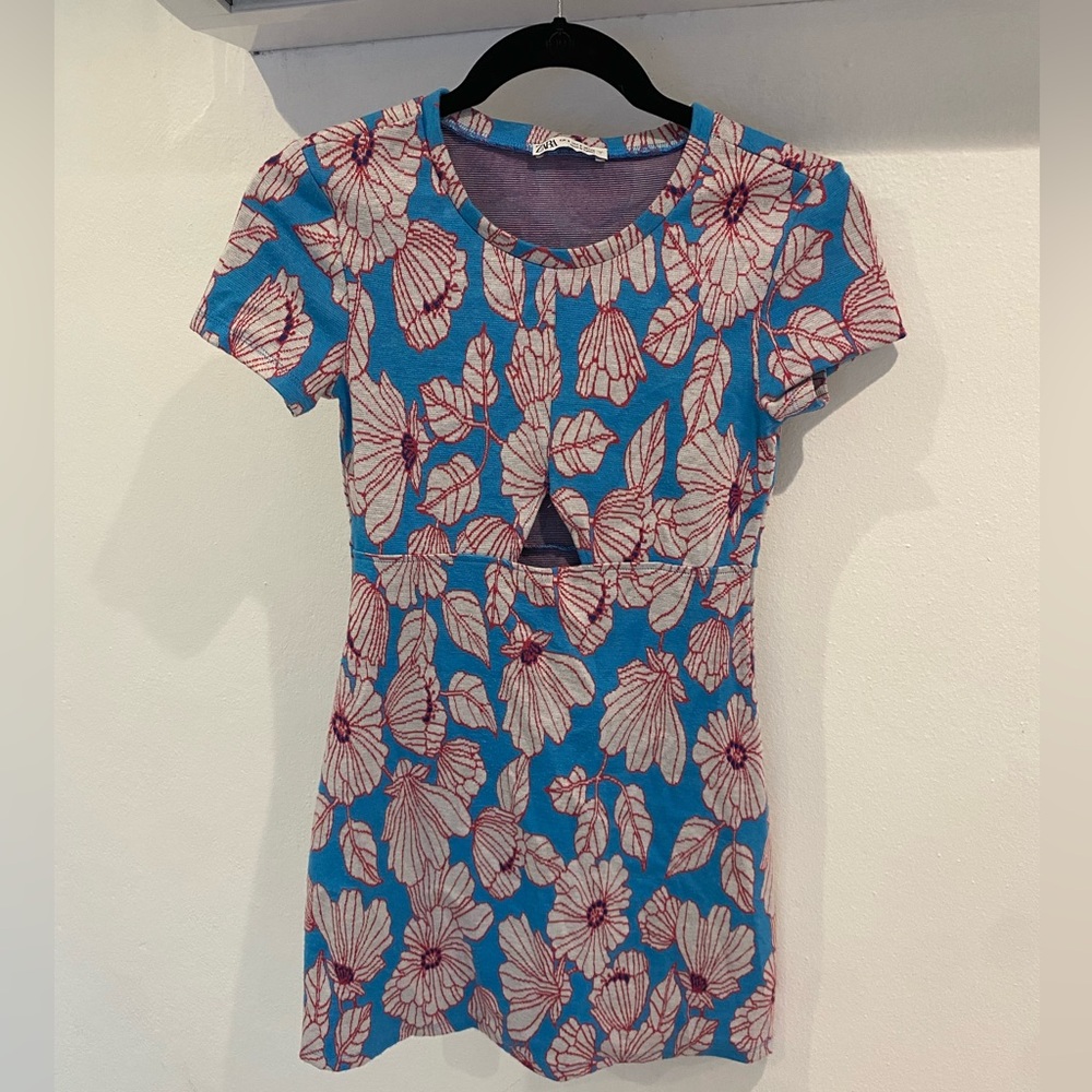 Zara Blue Pink Floral Jacquard Mini Dress Size Small
